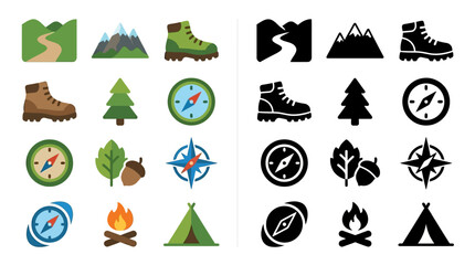 Collection of outdoor adventure and camping icons in color and silhouette. © Feldway