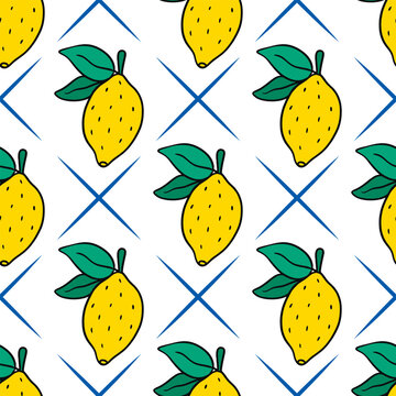 Citrus summer seamless pattern. Yellow ripe juicy sour lemons on diamond grid, white background. Organic healthy food print, suitable for textiles, wallpaper, and tiles. Vector graphics