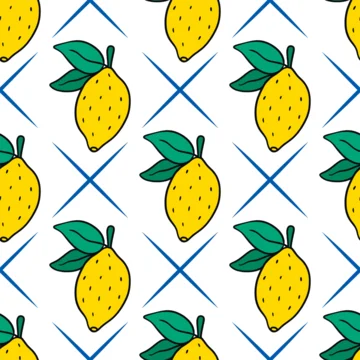Citrus summer seamless pattern. Yellow ripe juicy sour lemons on diamond grid, white background. Organic healthy food print, suitable for textiles, wallpaper, and tiles. Vector graphics