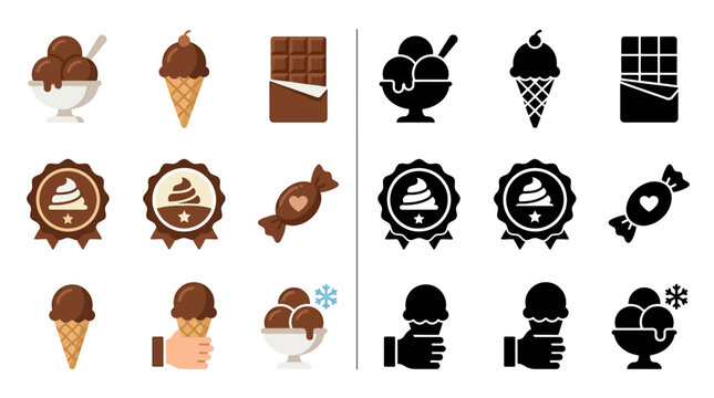 Collection of chocolate and ice cream icons in flat and silhouette styles.