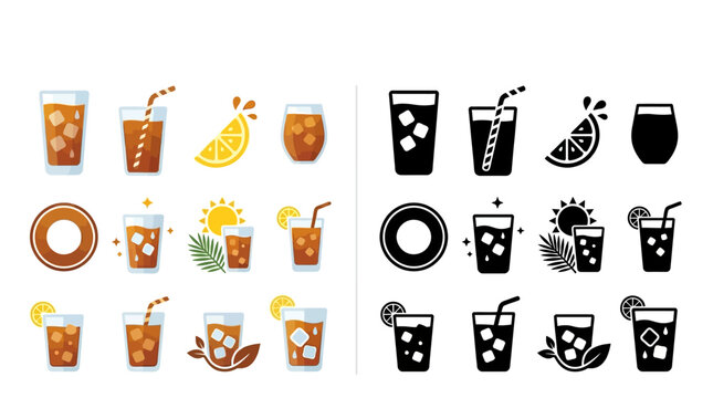 Collection of refreshing iced tea drinks with lemon and ice, presented in both color and silhouette versions.
