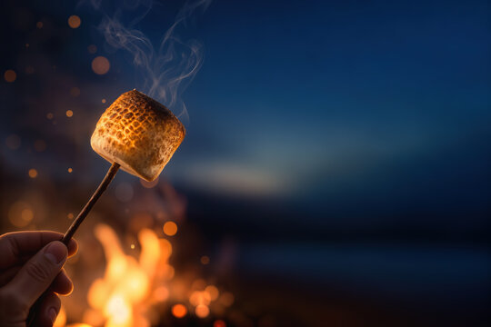 National Marshmallow Toasting Day August 30 toasted marshmallow on skewer over campfire glow summer evening cozy nostalgia celebration dessert caramelized smoke ember