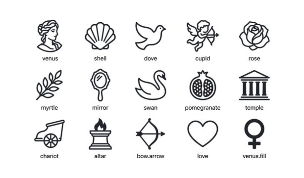 Classical mythology and love icons in a grid on white