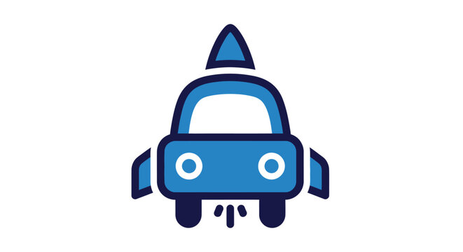 A stylized illustration of a blue car rocket, representing innovation and speed