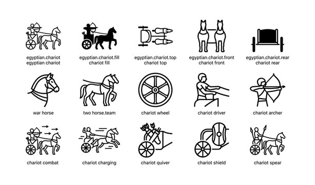 Set of chariot and horse icons arranged in grid layout