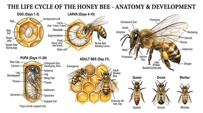 Life cycle of the honey bee anatomy and development chart, featuring detailed drawings of egg, larva, pupa and adult worker with labeled body parts and days of growth, plus silhouettes of queen, drone