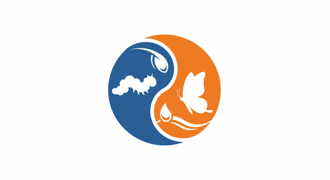 Illustration depicting the lifecycle of a butterfly in a yin yang design and logo