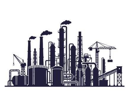 A detailed illustration of an industrial factory complex with multiple buildings and towers