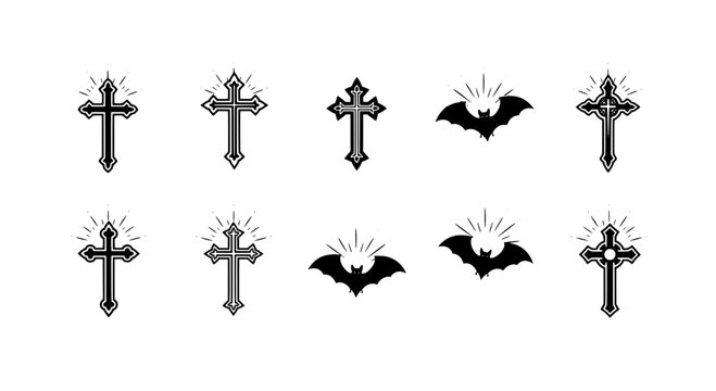 Cross gothic medieval emblems set with bat wings, spark burst and star rays for tattoo and streetwear designs