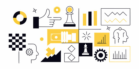 abstract business illustration with hand gesture chess pieces and geometric shapes on white background high quality professional detailed © Unnati