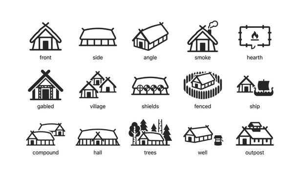 Village houses and longhouse icons showing layouts and views