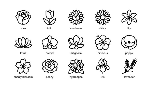 Flower icons in grid showing various flower types and labels