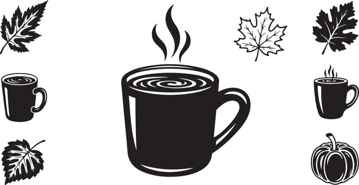 Autumn leaves and hot drink icons vector set with coffee cup