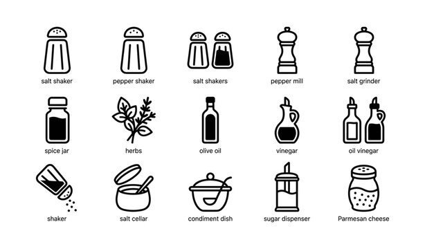 Kitchen condiment and seasoning icons arranged in grid