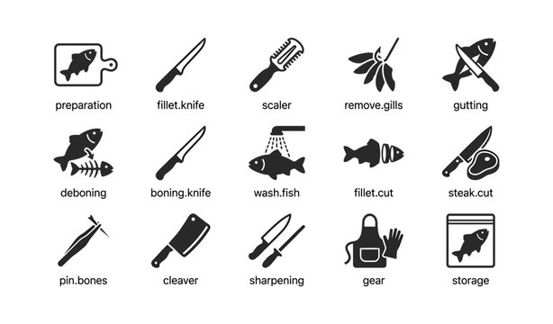 Fish filleting and preparation icons on white grid background