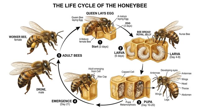 Circular honeybee life cycle infographic with queen laying egg, larva, pupa, emerging adult and adult worker, drone and queen bees, arranged around comb cells to explain complete metamorphosis and soc