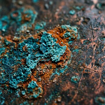 Macro texture of oxidized copper with turquoise patina and rust on aged metal surface