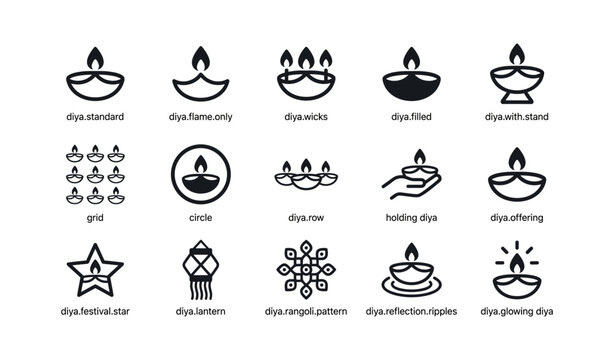 Diya lamp icons arranged for festival on white background