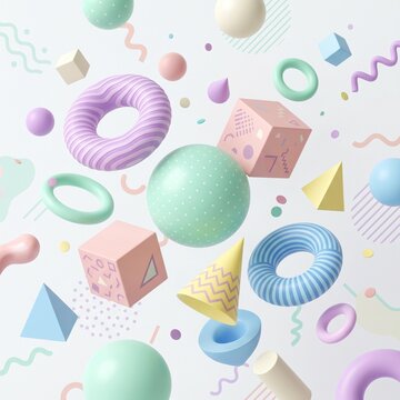 Abstract 3D pattern with floating pastel geometric shapes, spheres and toroids on white background
