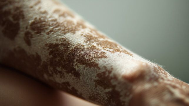 Close up of vitiligo skin patches on human arm, highlighting dermatology, autoimmune condition awareness and natural skin diversity concept.