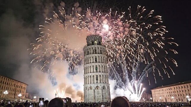 Spectacular fireworks display at the Leaning Tower of Pisa in Italy