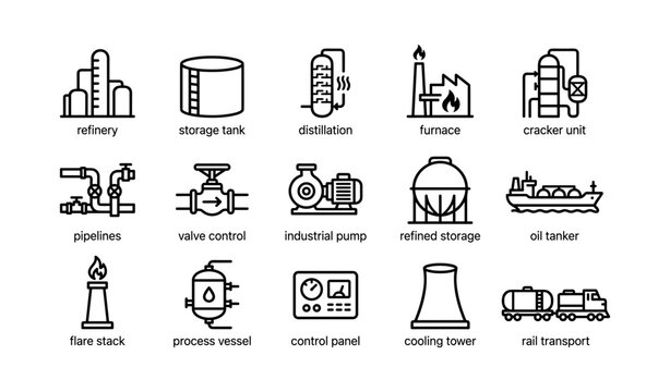 Oil and refinery equipment icons arranged on white background