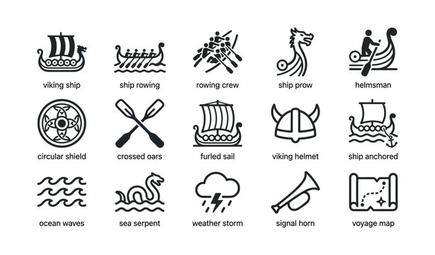 Viking ship and nautical symbols arranged on white background