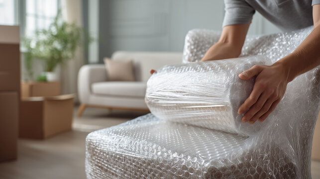Wrapping furniture with bubble wrap during house move, safe packaging and relocation service concept.