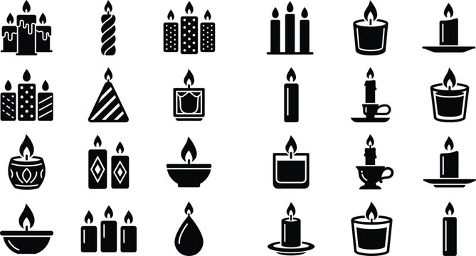 Collection of black candle icons featuring single candles, grouped candles, holders, dripping wax, and decorative flame designs