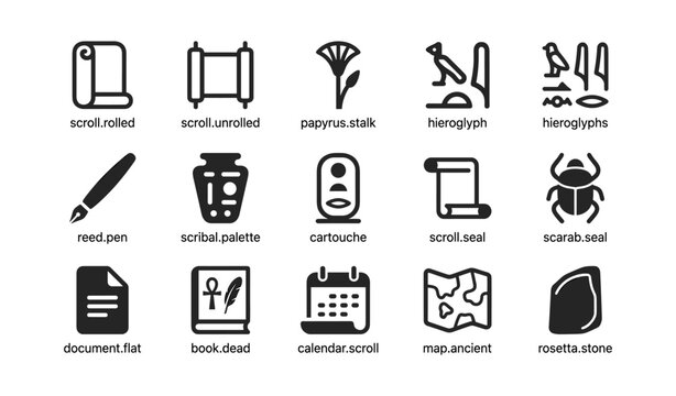 Ancient script and scroll icons depicting egyptian writing tools