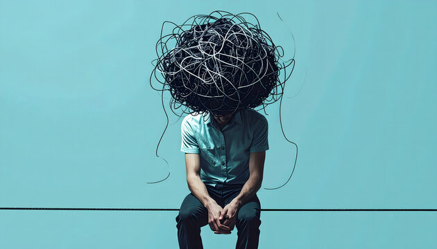 A symbolic depiction of mental clutter and digital overwhelm, a person's head replaced by tangled wires, illustrating modern life's complex challenges and thoughts