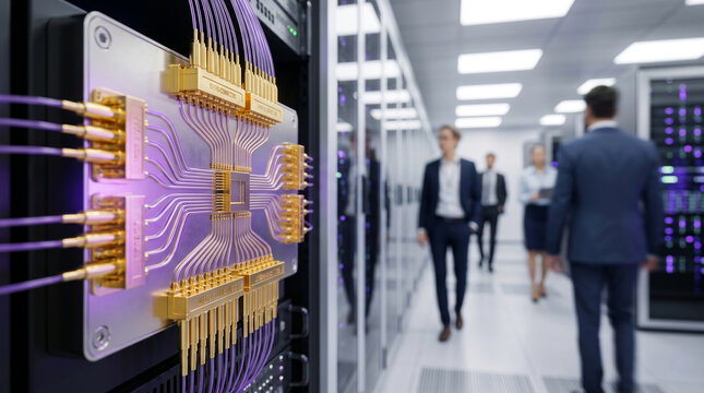Data center server room featuring high performance optical fiber connector patch panel with complex network hardware rack.