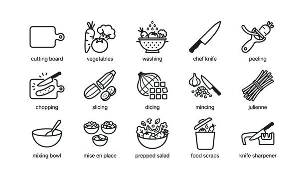 Kitchen preparation and cutting icons arranged in grid on white