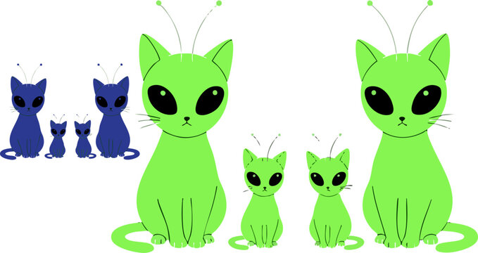 Alien cat vector illustration set, green and blue extraterrestrial kittens with antennas, sci-fi space feline characters for creative design