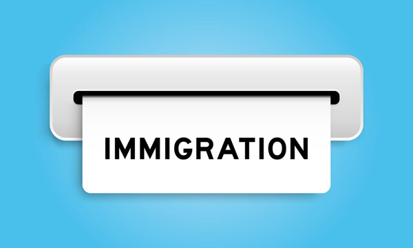 White coupon banner with word immigration from machine on blue color background
