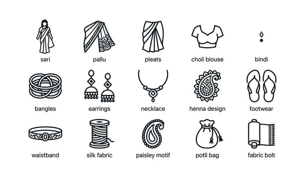 Traditional indian clothing and accessory icons arranged in grid
