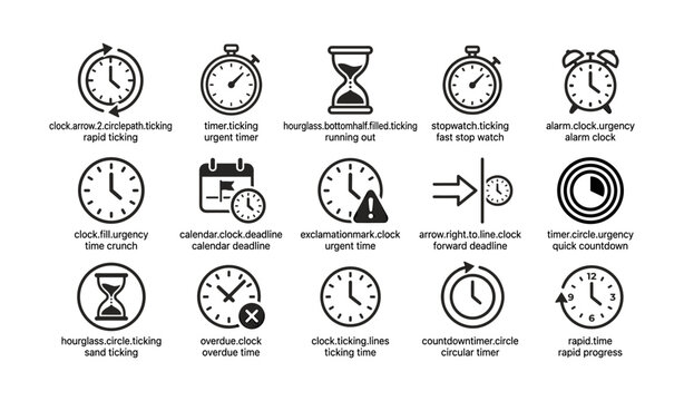 Clock and timer icons arranged in grid on white background