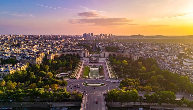 Trocadero Palace And Gardens Aerial View In Golden Sunset Colors Over Paris City With La Defense Skyline
