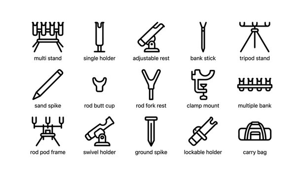 Fishing rod accessory icons arranged in grid layout