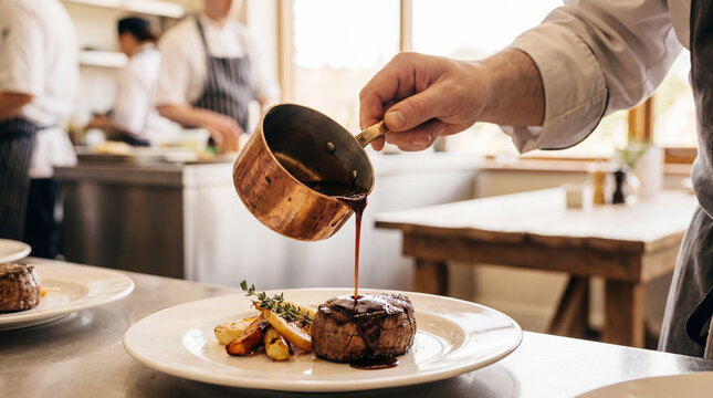Chef pouring sauce on steak, showcasing culinary skill and fine dining expertise in a professional kitchen setting.