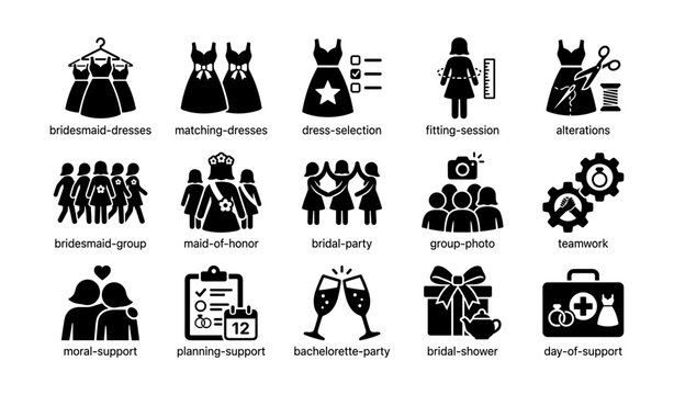Bridal party icons showing dresses fittings and support on white