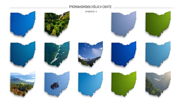 Collection of Ohio state outlines filled with diverse nature scenes, landscapes, and solid colors, representing geography and travel