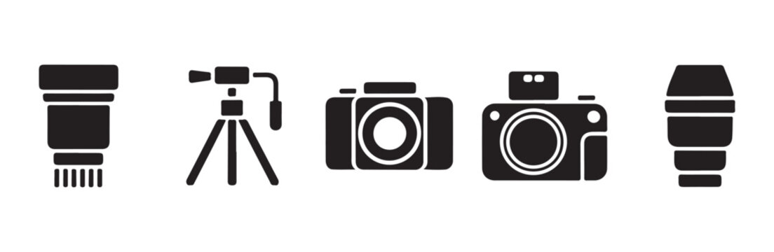 Camera equipment icons with lens and tripod vector graphics.