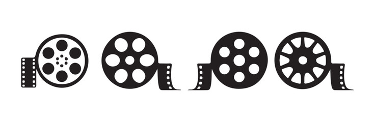 Obraz premium Various film reel icons with cinematic tape strips elements.