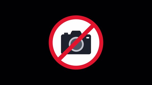No camera prohibition concept, forbidden photography symbol with red warning circle and crossed camera icon, flat 2d illustration isolated on transparent background with alpha channel