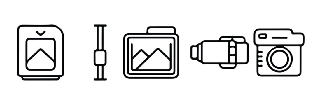 Photo folder memory card strap and zoom lens linear icons set.