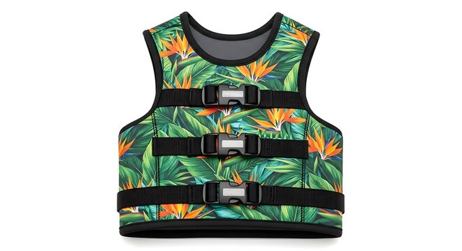 Tropical life jacket with floral pattern and buckles