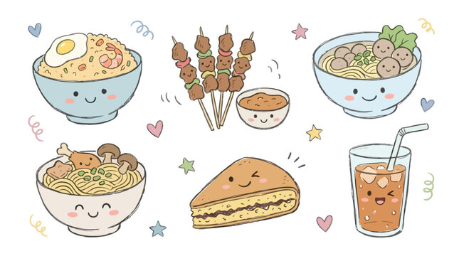 Kawaii Indonesian Cuisine Vector Set with Satay Bakso and Fried Rice Illustration