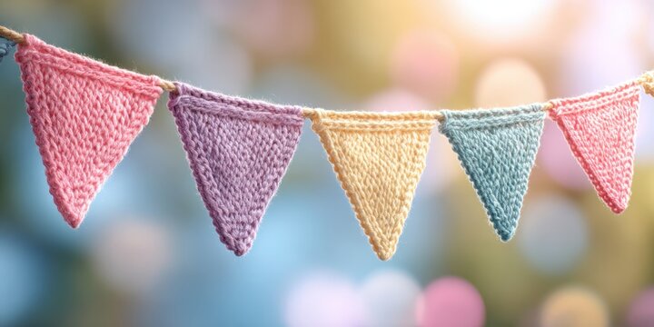Cute festive knitted triangular flags on soft blurred pastel background. Copy space for text. Spring banner. Colorful fabric bunting with pennant flags on a string, cheerful festive mood. Bokeh light