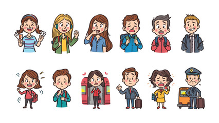 Fototapeta premium Travel and Emotion: A diverse set of illustrated figures representing various travel-related scenarios and expressions, conveying a spectrum of emotions and experiences.
